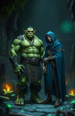 A green-skinned large orc standing confidently next to a slender human man wearing a flowing blue hooded cloak