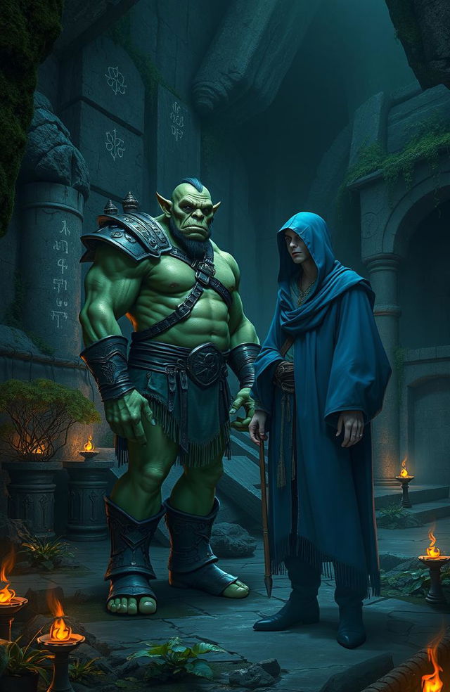 A green-skinned large orc standing confidently next to a slender human man wearing a flowing blue hooded cloak