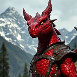 A dragonborn character with striking red scales adorned with black stripes running through their eyes, standing confidently against a majestic mountain backdrop