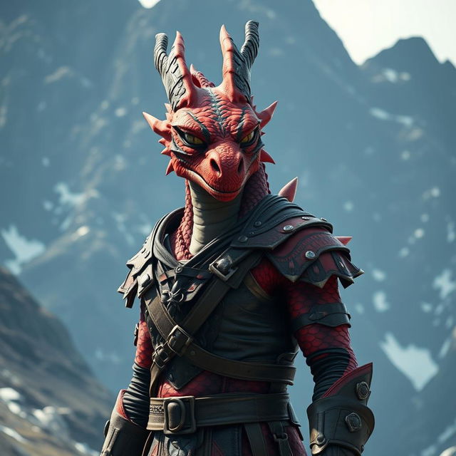 A dragonborn character with striking red scales adorned with black stripes running through their eyes, standing confidently against a majestic mountain backdrop