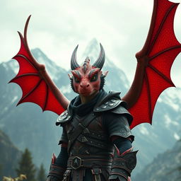 A dragonborn character with striking red scales adorned with black stripes running through their eyes, standing confidently against a majestic mountain backdrop