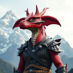 A dragonborn character with striking red scales adorned with black stripes running through their eyes, standing confidently against a majestic mountain backdrop