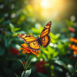 A stunning and realistic depiction of a butterfly perched delicately on a vibrant flower in a lush green garden