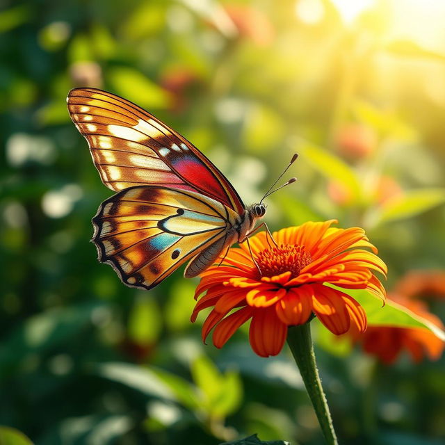 A stunning and realistic depiction of a butterfly perched delicately on a vibrant flower in a lush green garden