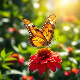 A stunning and realistic depiction of a butterfly perched delicately on a vibrant flower in a lush green garden