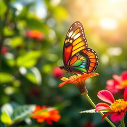 A stunning and realistic depiction of a butterfly perched delicately on a vibrant flower in a lush green garden