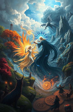 A captivating scene depicting a struggle between two opposing fantastical realms, one vibrant and lush with towering trees and flowing rivers, and the other darker, with jagged mountains and swirling storms