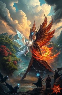 A captivating scene depicting a struggle between two opposing fantastical realms, one vibrant and lush with towering trees and flowing rivers, and the other darker, with jagged mountains and swirling storms
