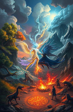 A captivating scene depicting a struggle between two opposing fantastical realms, one vibrant and lush with towering trees and flowing rivers, and the other darker, with jagged mountains and swirling storms
