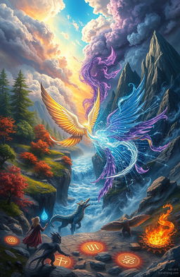 A captivating scene depicting a struggle between two opposing fantastical realms, one vibrant and lush with towering trees and flowing rivers, and the other darker, with jagged mountains and swirling storms