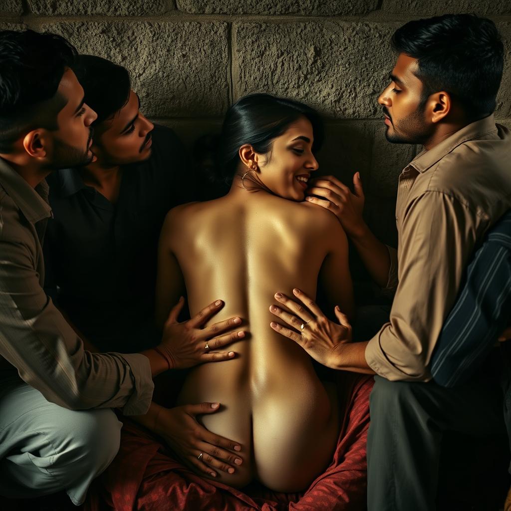 A sensual Pakistani woman in a slum, sitting on the floor with her back leaning against a rough, textured wall