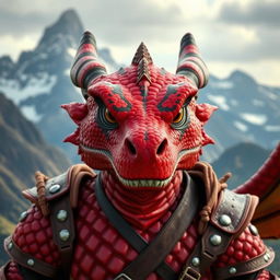 A dragonborn character with vibrant red scales featuring distinctive black stripes that cross their eyes, set against a breathtaking mountain backdrop
