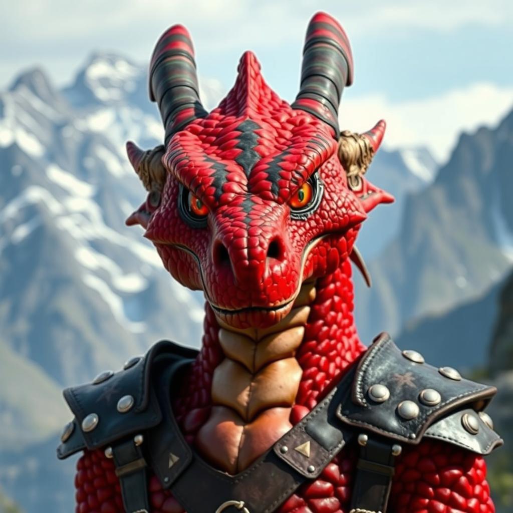 A dragonborn character with vibrant red scales featuring distinctive black stripes that cross their eyes, set against a breathtaking mountain backdrop