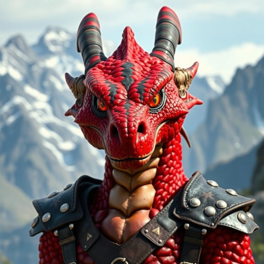 A dragonborn character with vibrant red scales featuring distinctive black stripes that cross their eyes, set against a breathtaking mountain backdrop