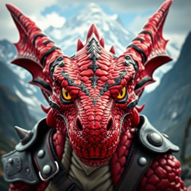 A dragonborn character with vibrant red scales featuring distinctive black stripes that cross their eyes, set against a breathtaking mountain backdrop