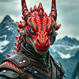 A dragonborn character with vibrant red scales featuring distinctive black stripes that cross their eyes, set against a breathtaking mountain backdrop