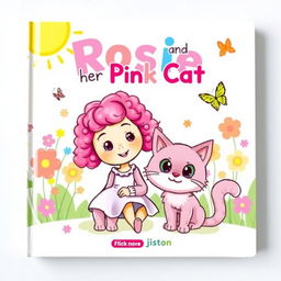 A whimsical and charming book cover design for 'Rosie and her Pink Cat'