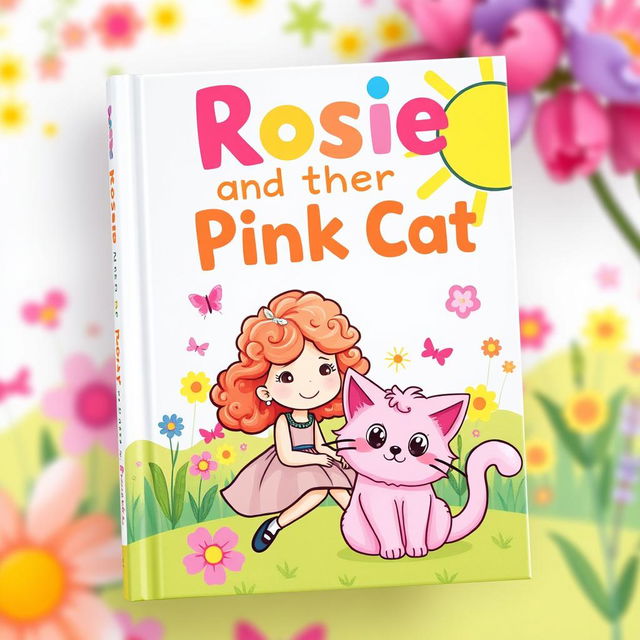 A whimsical and charming book cover design for 'Rosie and her Pink Cat'