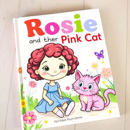 A whimsical and charming book cover design for 'Rosie and her Pink Cat'