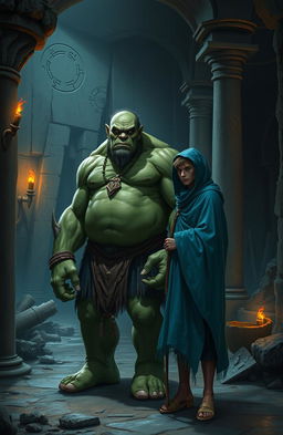 A realistic fantasy scene depicting a large, green-skinned orc standing next to a slender human man who is wearing a flowing blue hooded cloak