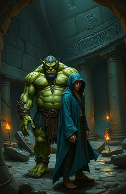 A realistic fantasy scene depicting a large, green-skinned orc standing next to a slender human man who is wearing a flowing blue hooded cloak