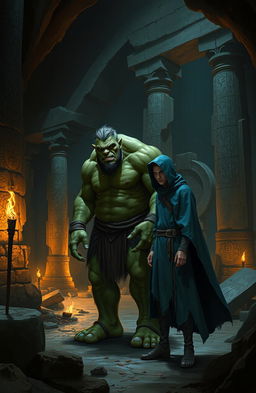 A realistic fantasy scene depicting a large, green-skinned orc standing next to a slender human man who is wearing a flowing blue hooded cloak