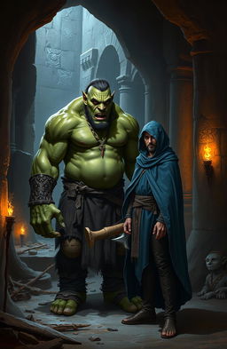 A realistic fantasy scene depicting a large, green-skinned orc standing next to a slender human man who is wearing a flowing blue hooded cloak