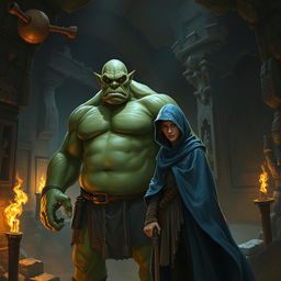 A realistic fantasy scene featuring a large, green-skinned orc standing next to a slender human man adorned in a flowing blue hooded cloak
