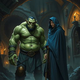 A realistic fantasy scene featuring a large, green-skinned orc standing next to a slender human man adorned in a flowing blue hooded cloak