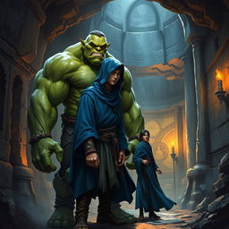 A realistic fantasy scene featuring a large, green-skinned orc standing next to a slender human man adorned in a flowing blue hooded cloak