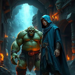 A realistic fantasy scene featuring a large, green-skinned orc standing next to a slender human man adorned in a flowing blue hooded cloak