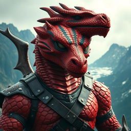 A large dragonborn character with striking red scales featuring bold black stripes crossing their eyes, set against a dramatic mountain backdrop