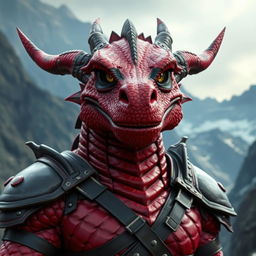 A large dragonborn character with striking red scales featuring bold black stripes crossing their eyes, set against a dramatic mountain backdrop