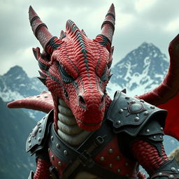A large dragonborn character with striking red scales featuring bold black stripes crossing their eyes, set against a dramatic mountain backdrop