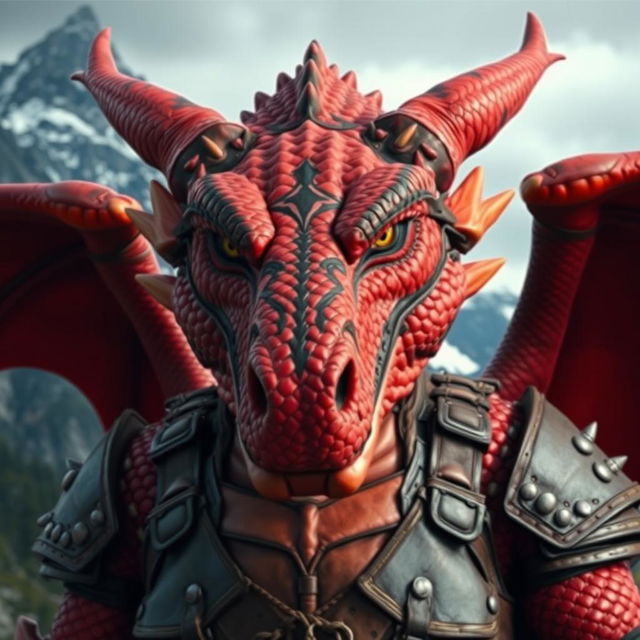 A large dragonborn character with striking red scales featuring bold black stripes crossing their eyes, set against a dramatic mountain backdrop