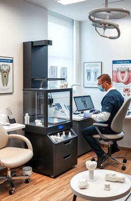 A detailed scene showcasing advanced 3D printing technology used in periodontics