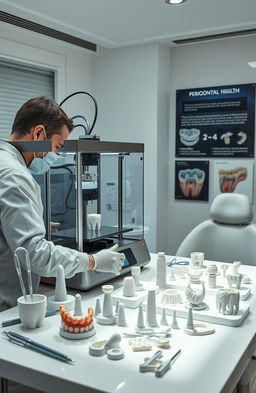 A detailed scene showcasing advanced 3D printing technology used in periodontics