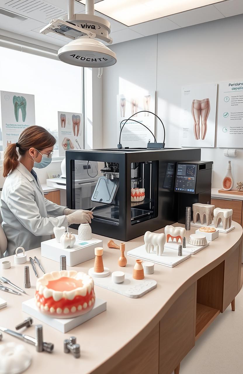 A detailed scene showcasing advanced 3D printing technology used in periodontics