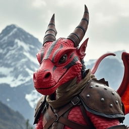 A large red dragonborn character with black stripes on its face, set against a majestic mountain backdrop