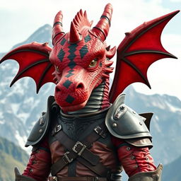 A large red dragonborn character with black stripes on its face, set against a majestic mountain backdrop