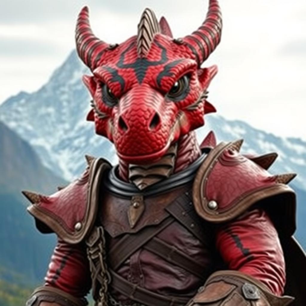 A large red dragonborn character with black stripes on its face, set against a majestic mountain backdrop