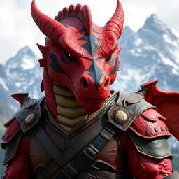A large red dragonborn character with black stripes on its face, set against a majestic mountain backdrop