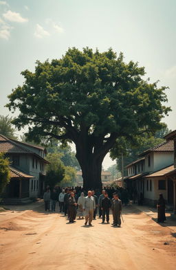 A small-town square in a traditional village setting featuring a dusty road lined with modest houses