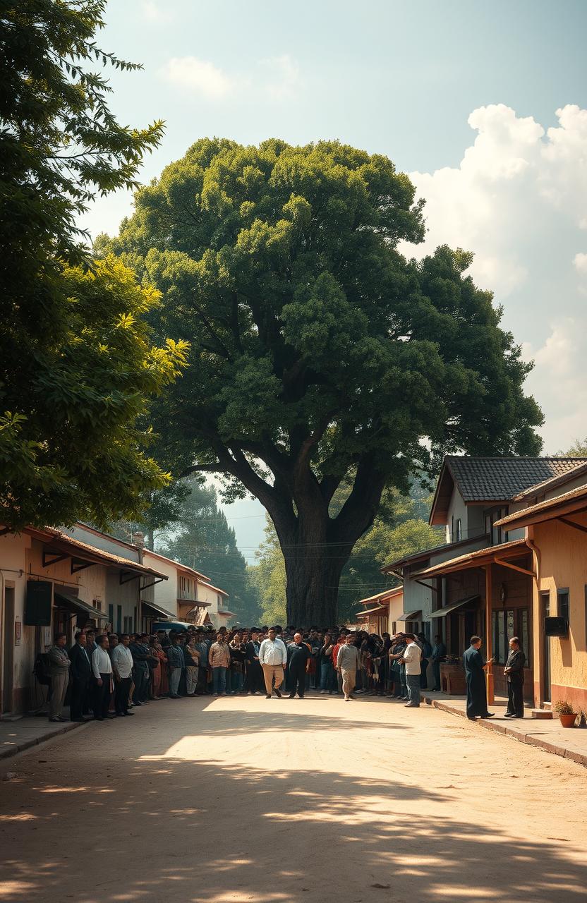 A small-town square in a traditional village setting featuring a dusty road lined with modest houses