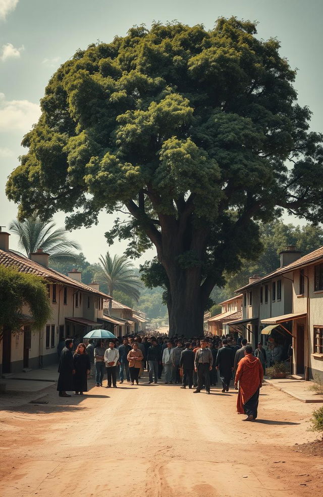 A small-town square in a traditional village setting featuring a dusty road lined with modest houses