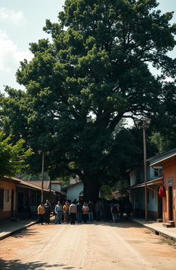 A small-town square in a traditional village setting featuring a dusty road lined with modest houses