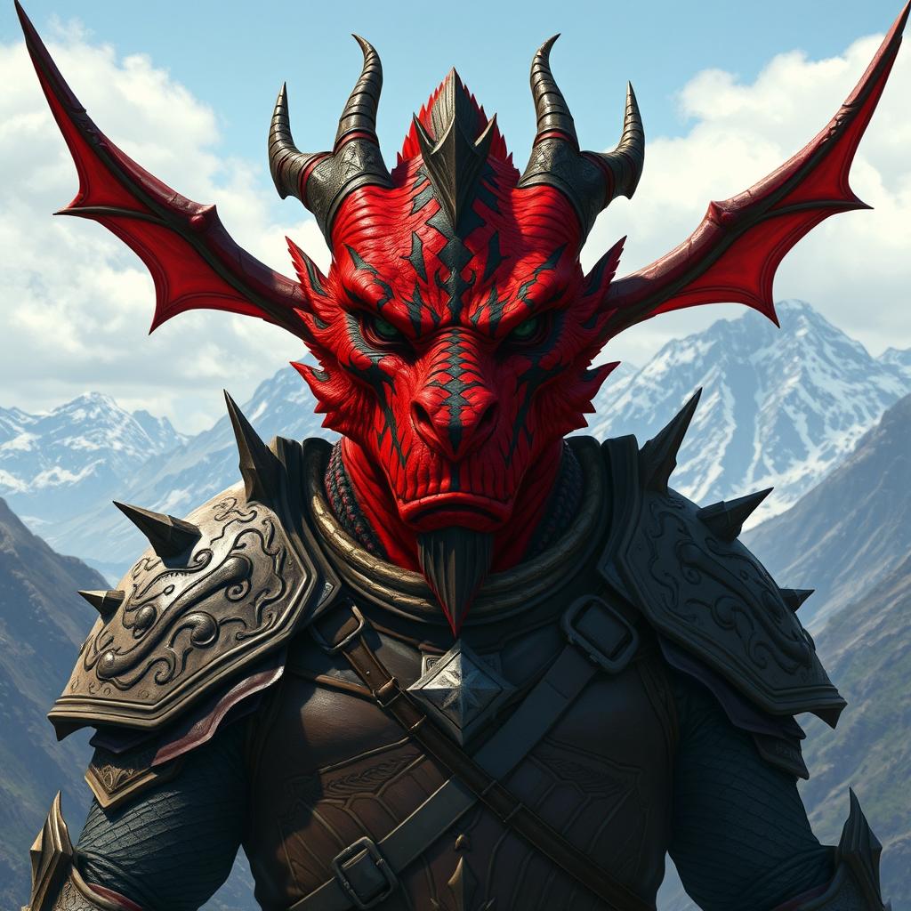 A large dragonborn character, with a vibrant red skin covered in black stripes across the face