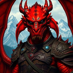 A large dragonborn character, with a vibrant red skin covered in black stripes across the face