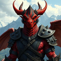 A large dragonborn character, with a vibrant red skin covered in black stripes across the face