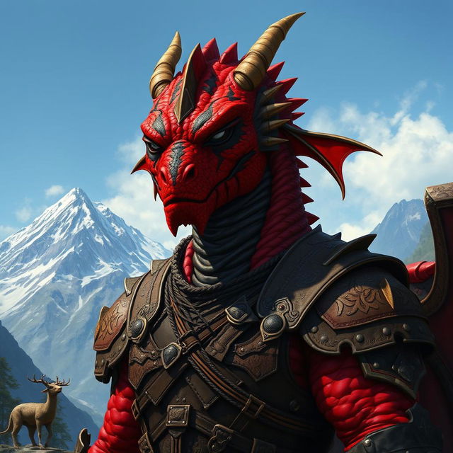 A large dragonborn character, with a vibrant red skin covered in black stripes across the face